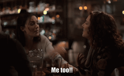 Two Women Sitting At Table Saying Me Too GIF