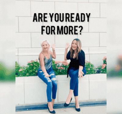 Two Women Sitting Next To Each Other With The Words " Are You Ready For More " Behind Them GIF