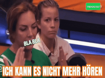 Two Women Sitting Next To Each Other With The Words Ich Kann Es Nicht Mehr Horen Written On The Bottom GIF