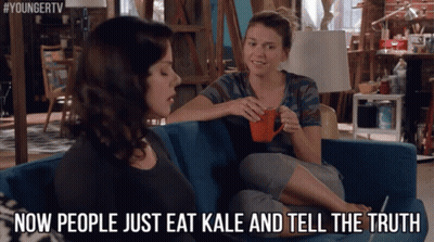 Two Women Sitting on Couch Now People Just Eat Kale and Tell the Truth