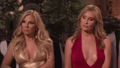 Two Women Sitting On Couch, One In Plunging Dress GIF