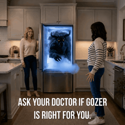 Two Women Standing In A Kitchen Looking At A Monster In A Refrigerator With The Words Ask Your Doctor If Gozer Is Right  GIF