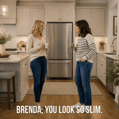 Two Women Standing In A Kitchen With The Words Brenda You Look So Slim On The Bottom GIF