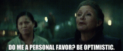 Two Women Standing Next To Each Other With The Words Do Me A Personal Favor Be Optimistic On The Bottom GIF