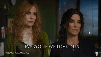 Two Women Standing Next To Each Other With The Words Everyone We Love Dies GIF