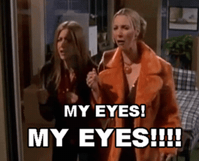 Two Women Standing Next To Each Other With The Words " My Eyes My Eyes !!! " GIF