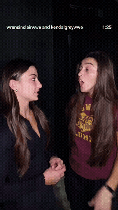 Two Women Standing Next To Each Other With The Words Okay So This Is Our Last Chance On The Bottom GIF