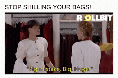 Two Women Standing Next To Each Other With The Words " Stop Shilling Your Bags " Above Them GIF