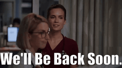 Two Women Standing Next To Each Other With The Words " We 'Ll Be Back Soon " GIF