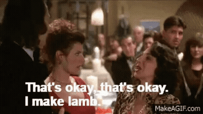 Two Women Standing, One Says That's Okay I Make Lamb GIF