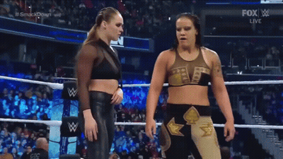 Two Women Talking In Wrestling Ring GIF