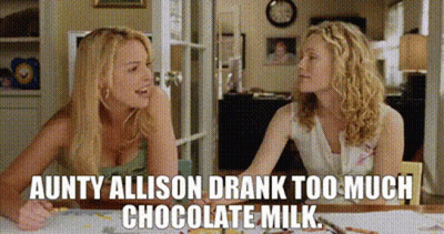 Two Women Talking While Aunty Allison Drinks Chocolate Milk GIF