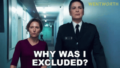 Two Women Walking Down A Hallway With The Words Why Was I Excluded GIF