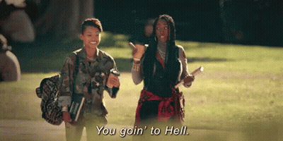 Two Women Walking Sidewalk Saying You Goin To Hell GIF