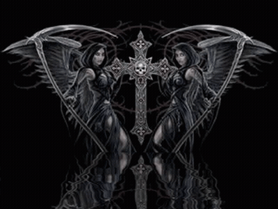 Two Women With Scythes And Cross GIF