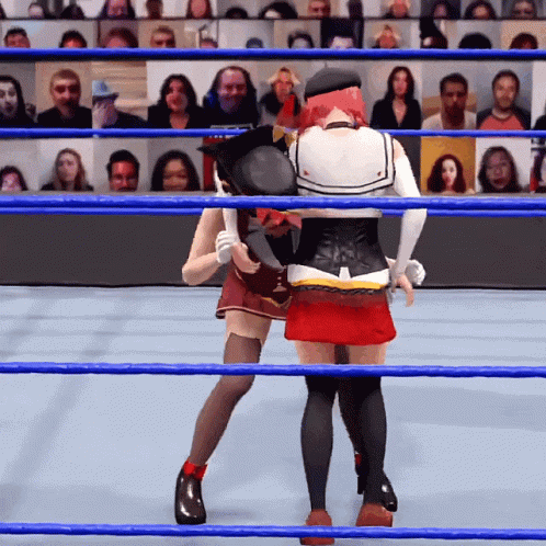 Two Women Wrestling In A Ring With A Crowd In The Background GIF