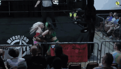 Two Women Wrestling In Front Of Wrestling Sign GIF