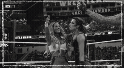 Two Women Wrestling With Wrestlemania Sign GIF