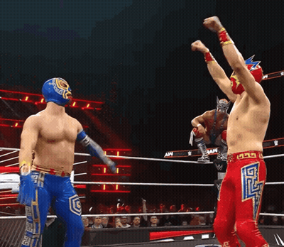 Two Wrestlers Are In A Wrestling Ring And One Has The Letter G On His Shorts GIF