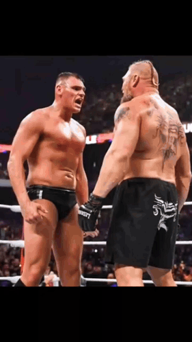 Two Wrestlers Are Standing In A Boxing Ring And Talking To Each Other . GIF