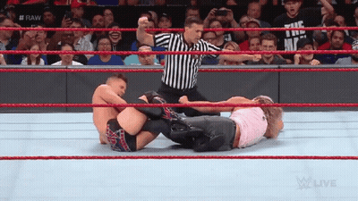 Two Wrestlers Fighting In Ring With Referee And Crowd GIF