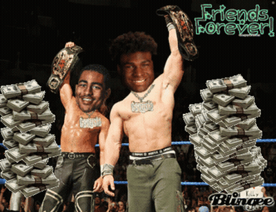 Two Wrestlers Holding Championship Belts With Money And Friends Forever GIF