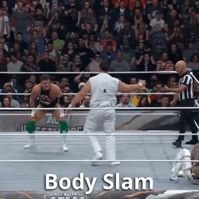 Two Wrestlers In A Ring With The Words Body Slam Written On The Bottom GIF