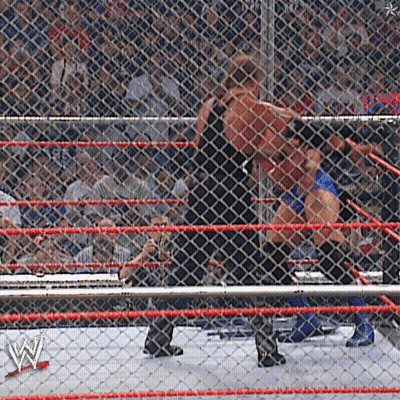Two Wrestlers In A Wrestling Ring With A W Logo On The Side GIF
