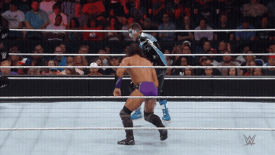 Two Wrestlers In A Wrestling Ring With A W Logo On The Side GIF