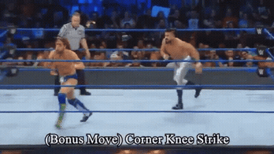 Two Wrestlers In A Wrestling Ring With The Words Bonus Move Corner Knee Strike GIF