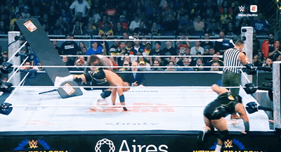 Two Wrestlers In Ring With Aires Written On Side GIF
