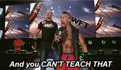 Two Wrestlers On A Stage With The Words " And You Can 'T Teach That " Below Them GIF