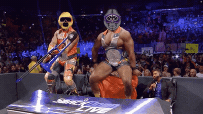 Two Wrestlers On Smackdown Live Stage GIF