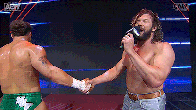 Two Wrestlers Shaking Hands In Front Of AEW Logo GIF