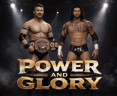 Two Wrestlers Standing Next To Each Other With The Words Power And Glory Behind Them GIF