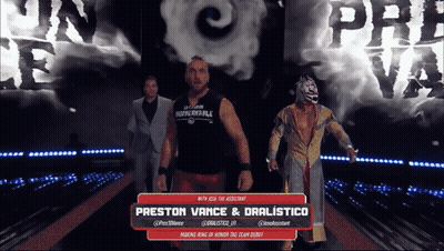 Two Wrestlers Walking Down Ramp With Preston Vance And Oralistico Banner GIF