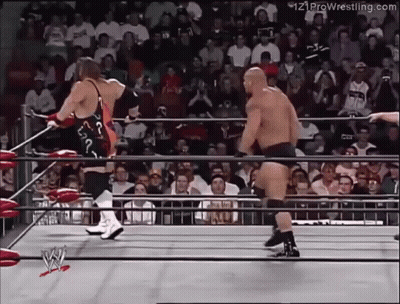 Two Wrestlers Wrestling In A Ring With Crowd Watching GIF