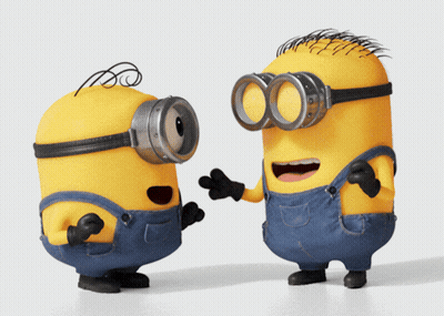 Two Yellow Minions Wearing Goggles And Overalls GIF