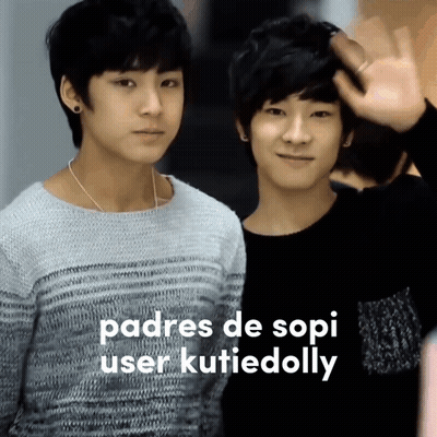 Two Young Boys Are Standing Next To Each Other And The Words Padres De Sopi User Kutiedolly Are Visible GIF