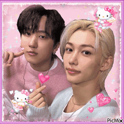 Two Young Men Are Posing For A Picture With A Hello Kitty On Their Head . GIF