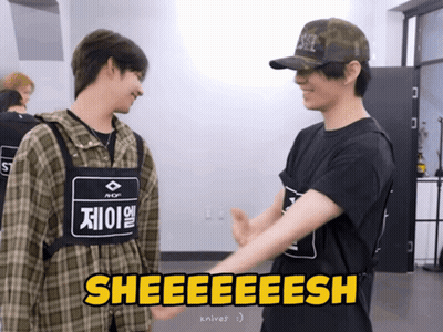 Two Young Men Are Standing Next To Each Other With The Words Sheeeeeesh Written In Yellow GIF