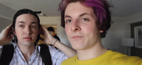 Two Young Men Purple Hair And Yellow Shirt GIF