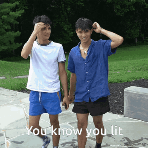 Two Young Men Standing Next To Each Other With The Words " You Know You Lit " Above Them GIF