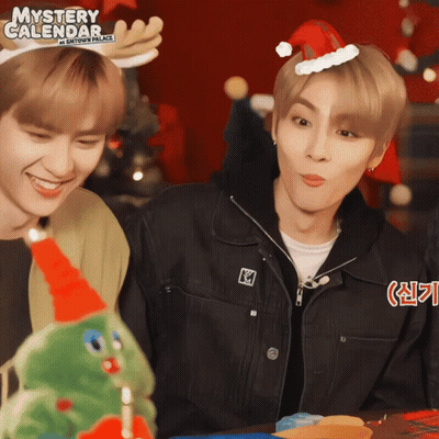 Two Young Men Wearing Santa Hats And Antlers Are Standing Next To A Christmas Tree And A Sign That Says Mystery Calendar GIF