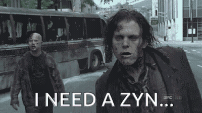 Two Zombies Walking Down A Street With The Words " I Need A Zyn " GIF