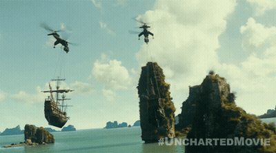 Uncharted Movie Helicopters Lifting Ship GIF