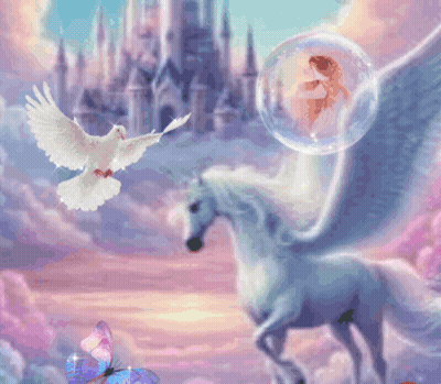 Unicorn And Dove With Woman In Bubble GIF