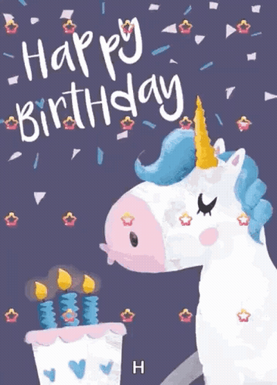Unicorn Blowing Out Candles On Birthday Cake GIF