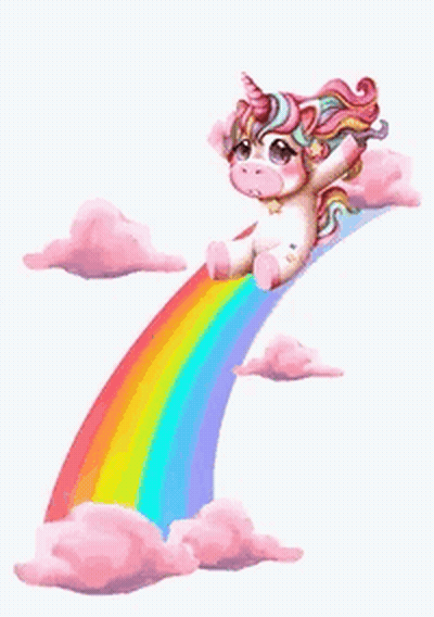 Unicorn Sitting On Rainbow With Pink Clouds GIF