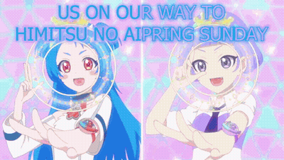 Us On Our Way To Himitsu No Aipring Sunday Is Written Above Two Anime Girls GIF